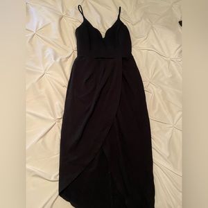Black, formal dress with slip in front. V neck.